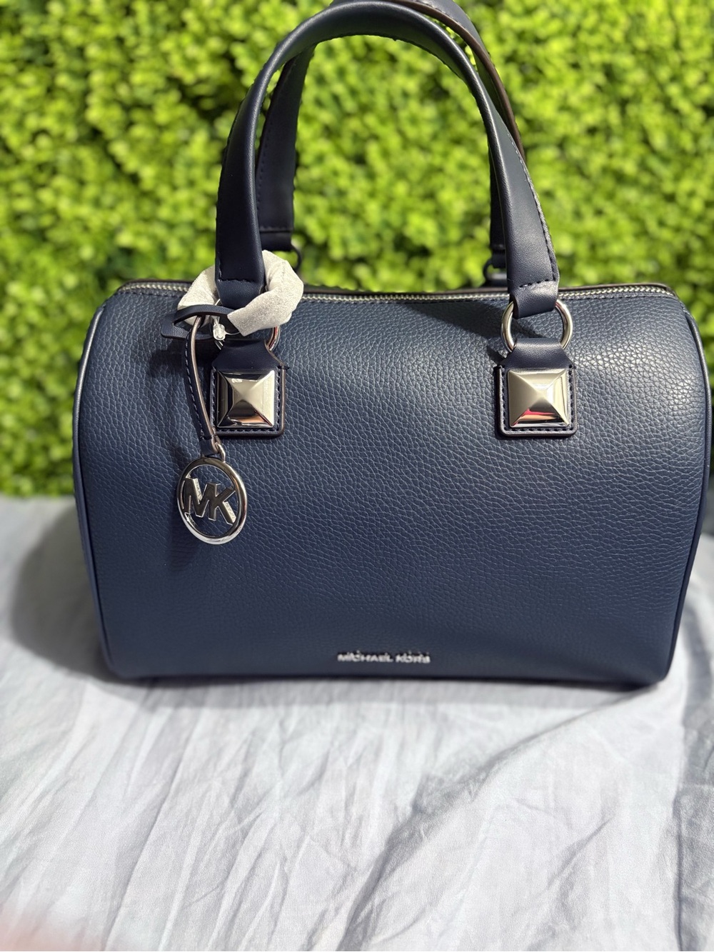 Michael Kors Navy Grayson Medium Duffle Pebbled Leather Satchel with MK Charm